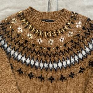J. Crew Camel Bejeweled Fair Isle Knit Sweater Dress